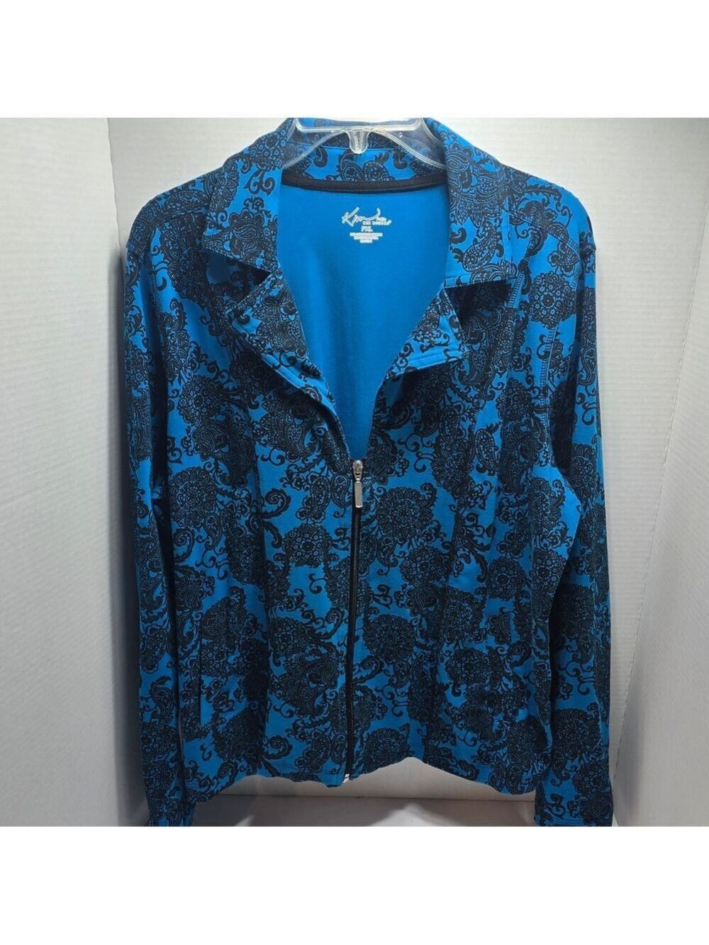 Kim Rogers Vibrant Blue and Black Patterned Bomber Jacket